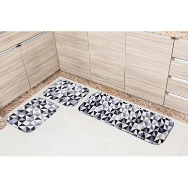 Imagem de Tapete de Cozinha Jogo 3 Peças Emborrachado Antiderrapante (Geométrico Cinza)