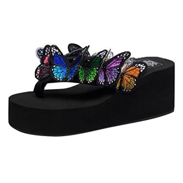 Imagem de Sandálias femininas de borboleta, floral, anabela, chinelos, sapatos de praia, sapatos de praia, salto alto, Preto, 8