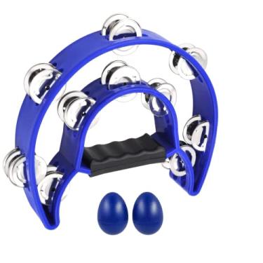 Imagem de EastRock Pandeiro de fileira dupla, jingles de metal, percussão manual, pandeiro de meia lua para adultos, KTV, festa azul