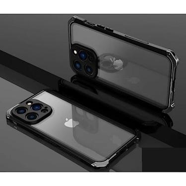 Imagem de Para iPhone 11 13 14 Pro Max Proteção contra quedas Armação de metal Tampa traseira de vidro Para Iphone XS MAX XR 7 8 Plus Caixa de telefone de metal de alumínio, preta, para iPhone 14 Plus