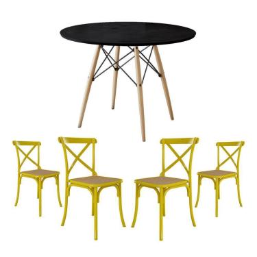 Imagem de Jogo De Mesa Eiffel Redondo Tampo De Madeira 90Cm Preto Com 4 Cadeiras Katrina Amarela...