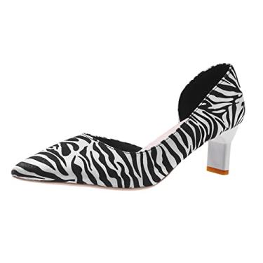 Imagem de Sandálias sem cadarço para mulheres senhoras moda colorida listrada bico fino cano baixo sapatos de salto alto grosso (branco, 7)