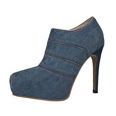 Imagem de Sandálias femininas de salto raso jeans de cor sólida moda feminina zíper lateral sapatos de salto alto finos sandálias elegantes casuais (azul-marinho, 37)