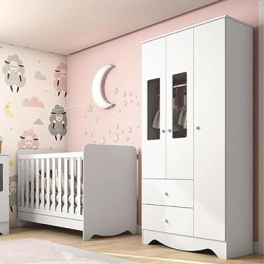 Imagem de Quarto de Bebê com Berço Americano 3 em 1 e Guarda Roupa 3 Portas com Janela Ben Móveis Peroba Branco Brilho