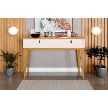 Imagem de Aparador/Bancada ABS Modelo Retrô Com Pés em Madeira Puxadores em Couro e 2 Gavetas Para Guardar Objetos Cor Off White/Nature