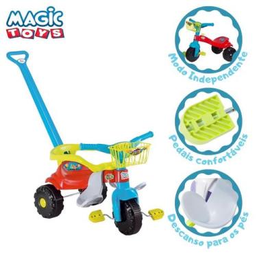 Imagem de Triciclo Infantil Haste Empurrar Festa Azul C/ Aro Protetor - Magic To