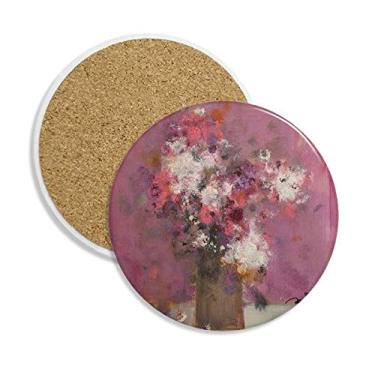 Imagem de Porta-copos de cerâmica XJJ com pintura a óleo rosa e suporte para caneca, pedra absorvente para bebidas, presente de 2 peças