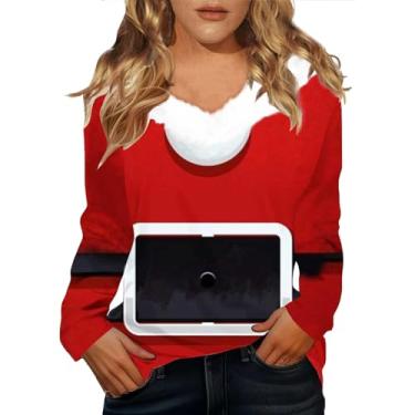 Imagem de Elogoog Camiseta feminina Merry Christmas Pullover Merry and Bright Off Shoulder Shirt Vintage Cute Christmas Tree Shirt, Vermelho melancia, G