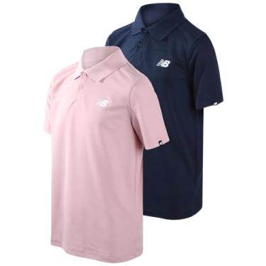 Imagem de New Balance Camiseta polo para meninos - pacote com 2 camisetas de manga curta dry fit - Camiseta de golfe com gola de desempenho (8-20), Azul-marinho/rosa, 14-16