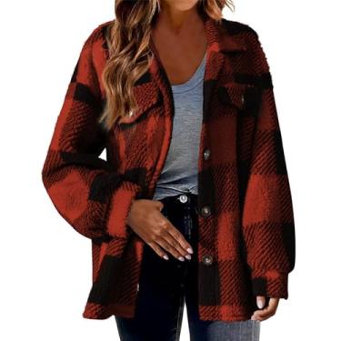 Imagem de Casaco feminino xadrez felpudo casual lapela manga longa botão casaco feminino inverno quente grosso aconchegante jaqueta de lã sherpa, 01#vermelho, 4G