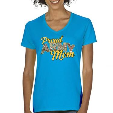 Imagem de Camiseta feminina com gola V Proud Army Mom US Military Family Pride Veteran Patriotic Armed Forces Mother's Day Licenciada, Turquesa, XXG