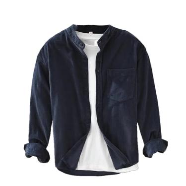 Imagem de Camisa masculina de veludo cotelê solto outono inverno tendência gola alta algodão retrô casual bolso cáqui, Azul, G