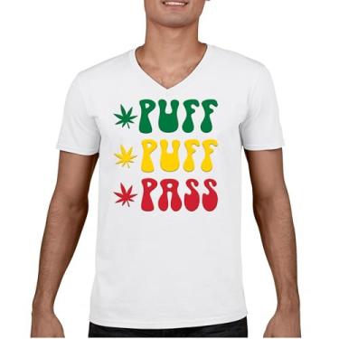 Imagem de Camiseta Puff Puff Puff Pass gola V 420 Weed Lover Pot Leaf Smoking Marijuana Legalize Cannabis Funny High Pothead Tee, Branco, P