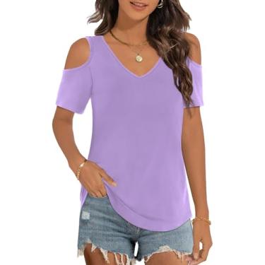 Imagem de Elesomo Camisetas femininas básicas de verão com gola V e ombro vazado de manga curta/longa, A: lilás, M
