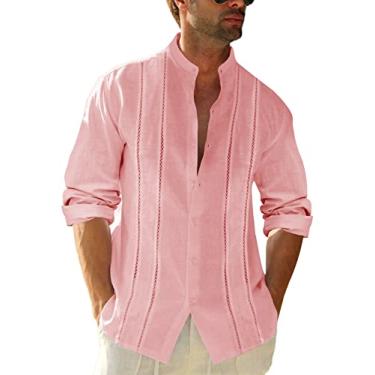 Imagem de Runcati Camisa masculina casual de linho algodão Guayabera cubana manga longa abotoada gola banda tops praia, rosa, G