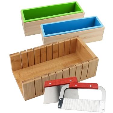Imagem de ZOENHOU 7 peças de moldes de sabão de 1,2 l com fatiador ondulado de aço inoxidável e fatiador reto, barra de sabão retangular de silicone para fazer sabão kit de moldes com caixa de madeira conjunto
