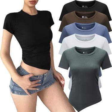 Imagem de VPF Pacote com 5 camisetas femininas de manga curta e gola redonda franzidas elásticas, 5 peças: preto/branco/café/azul/verde, M