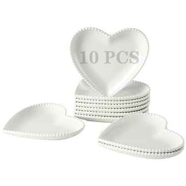 Imagem de Conjunto de 10 pratos de sobremesa de porcelana de 15 cm, pequenos pratos de jantar em forma de coração, pratos brancos de salada, pratos de servir para bolo, lanche, sorvete, waffles, micro-ondas,