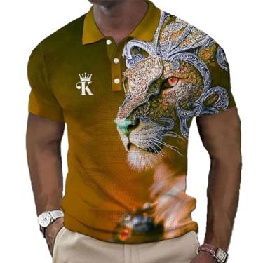 Imagem de Camisa polo masculina de manga curta com estampa de leão animal e design elegante de botão, Zphq65982, 3G