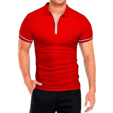 Imagem de Nova camiseta polo masculina de verão fina manga curta gola polo cor sólida slim fit camiseta top, Vermelho, GG