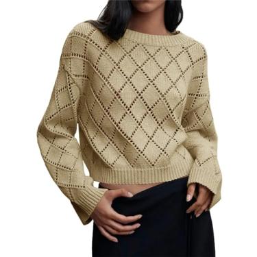 Imagem de Saodimallsu Suéter feminino cropped gola redonda crochê malha casual manga longa vazado pulôver cropped tops, Caqui, XX-Large