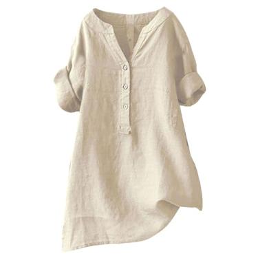 Imagem de Camisetas femininas de linho Henley de cor lisa, caimento solto, manga comprida, camisetas casuais de verão, Bege, P