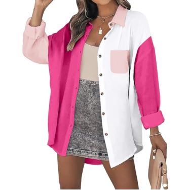 Imagem de Zeagoo Camisa feminina de linho de manga comprida com bloco de cores, blusas de algodão superdimensionadas com bolso no busto, C, rosa choque, GG