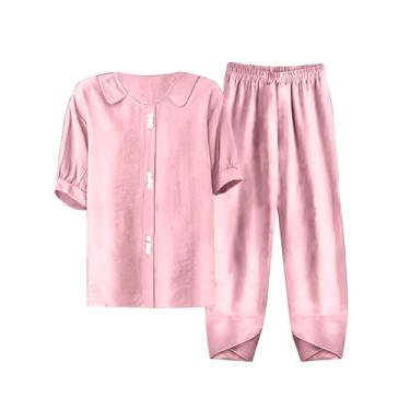 Imagem de Conjunto de duas peças para mulheres de verão, solto, cor sólida, manga curta, camisa de linho, calça de perna larga, combinando, rosa, 3G