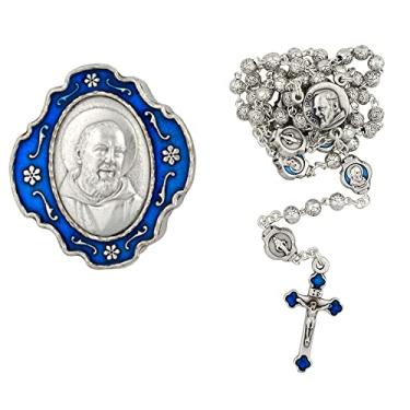 Imagem de Rosário com caixa de metal Padre Pio | Contas de Ave Maria florais prateadas com contas azuis Padre Pio Our Father | Ótimo presente católico | Santo Padroeiro dos Trabalhadores da Defesa Civil e