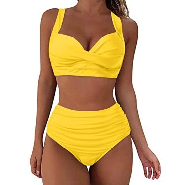 Imagem de Lainuyoah Conjunto de natação feminino short 2024 biquíni cobertura total tanga de cintura alta torcido frente envoltório top maiô, A - amarelo, G