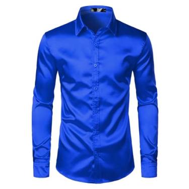 Imagem de 2 peças (camisa + gravata) vestido de cetim de seda slim fit manga longa abotoado camisa masculina festa de casamento camisa de formatura, Lc17 Azul royal, G