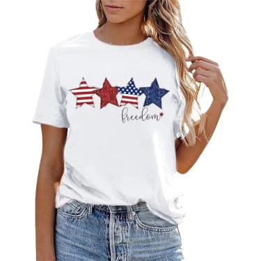 Imagem de Camiseta feminina Freedom 4th of July Memorial Day Graphic Tees casual manga curta American Patriotic Tops, Branco, P