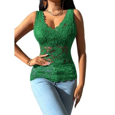 Imagem de OYOANGLE Blusa regata feminina sem mangas de renda floral com gola V e costas nuas, Verde liso, GG