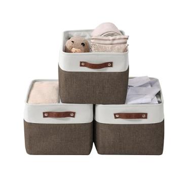 Imagem de DECOMOMO Cestas de armazenamento para prateleiras - Organizadores de armário de tecido e caixas de armazenamento, cestas perfeitas para organizar brinquedos de armário para berçário (marrom e branco