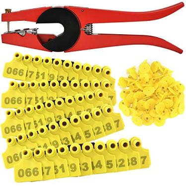 Imagem de 500 conjuntos de etiquetas de orelha numeradas de plástico para bovinos, porcos, porcos, cabras, identificação animal, brinco de TPU com 1 aplicador de alicate, amarelo