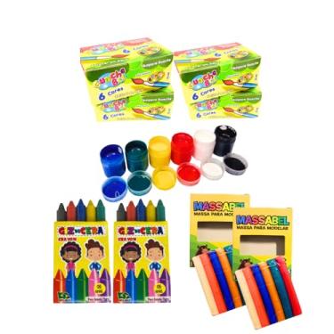 Imagem de Kit Material Escolar Infantil Volta Às Aulas 6 Itens Massinha de Modelar Tinta Guache Giz de Cera 5 Cores Mini