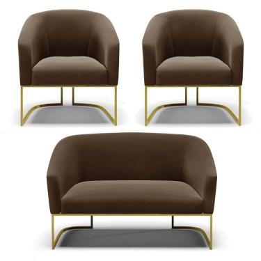 Imagem de Namoradeira E 2 Poltronas Base Industrial Dourado Stella Suede D03 - D`rossi Cor Marrom