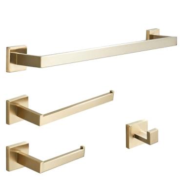 Imagem de TINICO Kit Acessórios Com 4 Peças Para Banheiro Em Aço Inox, 2 × Porta-Toalhas, 1 × Porta Papel Higiênico, 1 × Ganchos, Ouro escovado, 40CM