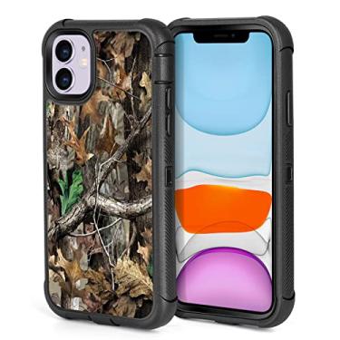 Imagem de Capa para iPhone 11 design de caça de folhas camufladas para homens, 3 camadas resistente à prova de choque antiderrapante plástico rígido + capa protetora de corpo inteiro de borracha de silicone macia para iPhone 11 - camuflagem de árvore