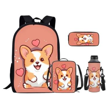 Imagem de Bivxisrvo Conjunto de mochila e lancheira infantil para meninos, mochila escolar de lona para meninas com lancheira para presente de volta às aulas, Estampa de coração Corgi, One Size