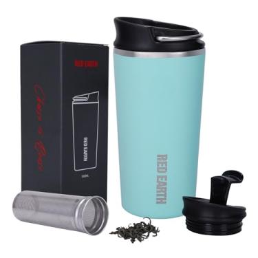 Imagem de GiNT Caneca de chá de viagem com isolamento térmico de 500 ml com tampa deslizante e tampa flip com filtro, garrafa de água de aço inoxidável reutilizável para xícara de chá de café fria ou quente | Com alça de metal | 500 ml (verde)