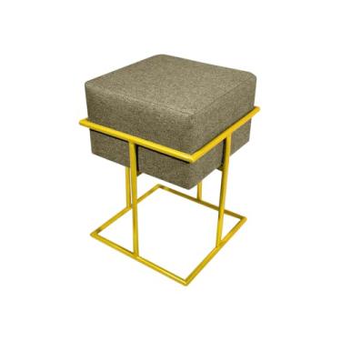 Imagem de Puff Decorativo Quadrado Base De Ferro Dourada Tecido Linho Bege