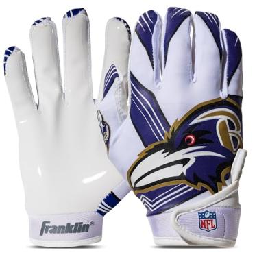 Imagem de Franklin Sports Luvas receptoras de futebol americano da NFL Baltimore Ravens – Luvas receptoras para crianças – logotipos da equipe NFL e palma de silicone – Par juvenil S/PP
