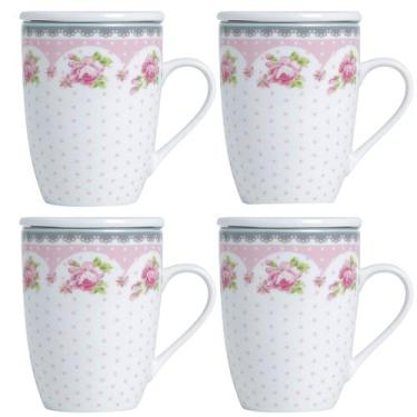 Imagem de 4 Canecas de Porcelana para Chá 310ml com Tampa e Filtro Inox Infusoor