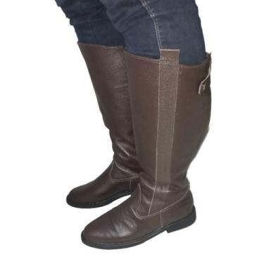 Imagem de Bota de couro hípica cano longo masculina zíper traseiro botão de pres