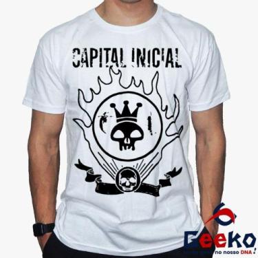 Imagem de Camiseta Capital Inicial 100% Algodão Rock Geeko, Branco gola careca, 