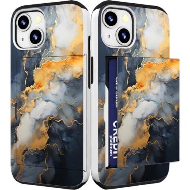 Imagem de IWONE Capa compatível com iPhone 14/15 Plus fofa com porta-cartões Slim Slot Phone 14/15 Plus capa carteira / cinza amarelo mármore pedra natural redemoinhos pintura