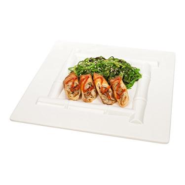 Imagem de Pratos de jantar Voga 30,5 cm x 30,5 cm, 10 pratos quadrados – acabamento de bambu, pratos de melamina branca, resistentes à quebra, brilhantes, para festas ou buffet – restaurante