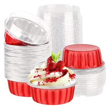 Imagem de EUSOAR Muffin de folha de alumínio, ramekin para cupcake, pacote com 50, 236 g, recipientes para assar cupcake de folha de alumínio com tampas, copos de sobremesa com tampas, mini forma de cheesecake