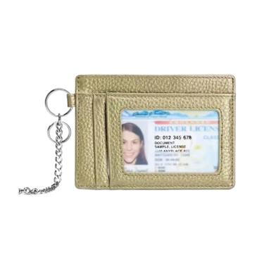 Imagem de Carteira feminina de couro legítimo, minimalista, com bolso frontal, porta-cartões de crédito, bloqueio de RFID, com janela para identidade, chaveiro, Ouro 07, 4.33 in x 3.15 in x 0.1 in, Carteira